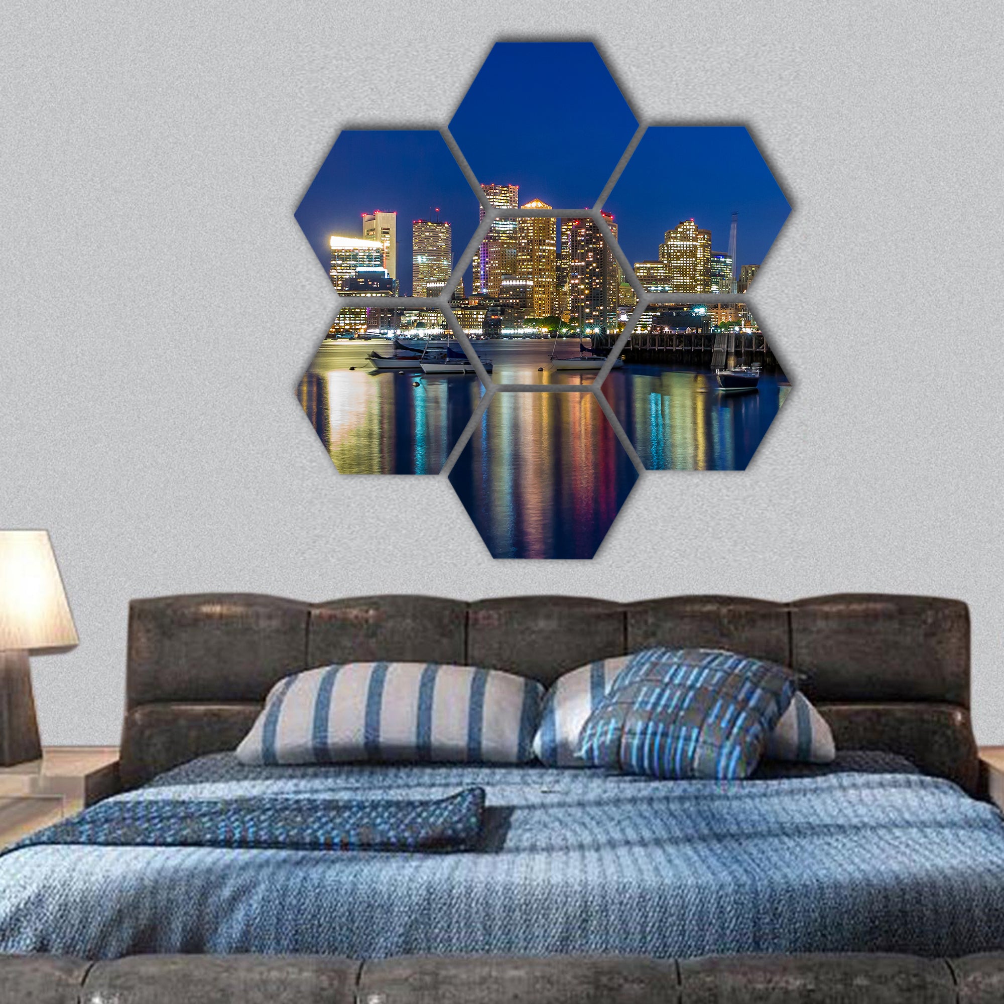 Boston downtown skyline with skyscrapers at twilight hexagonal canvas wall art