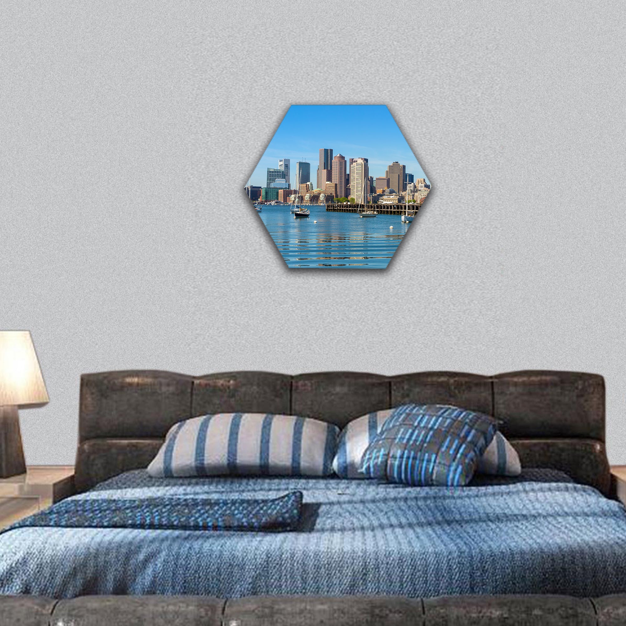Boston skyline seen from Piers Park, USA hexagonal canvas wall art