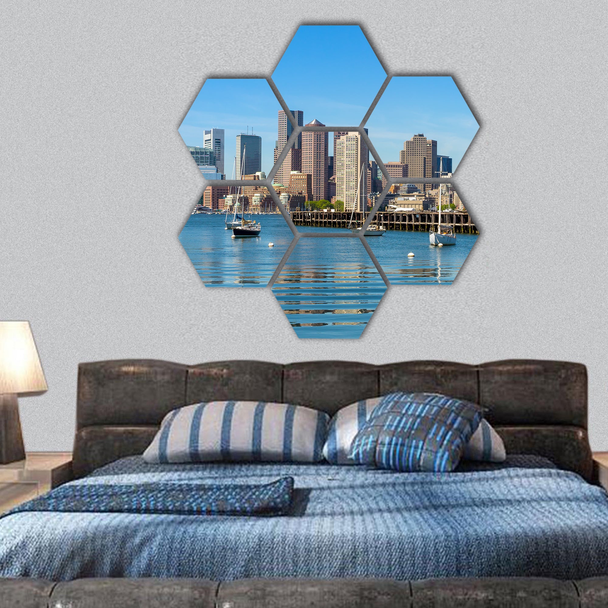 Boston skyline seen from Piers Park, USA hexagonal canvas wall art