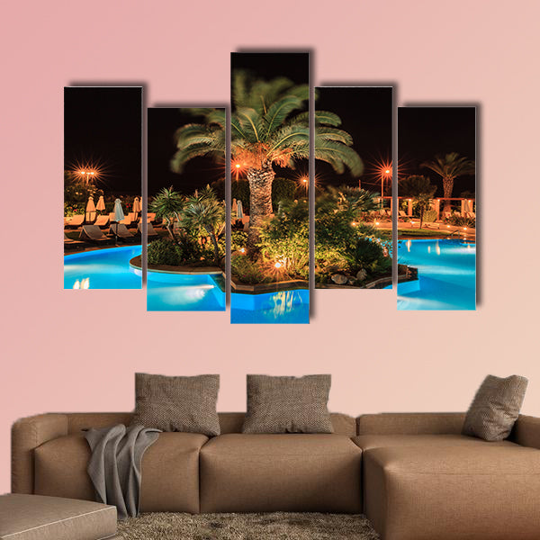 Tropical swimming pool in night view multi panel canvas wall art