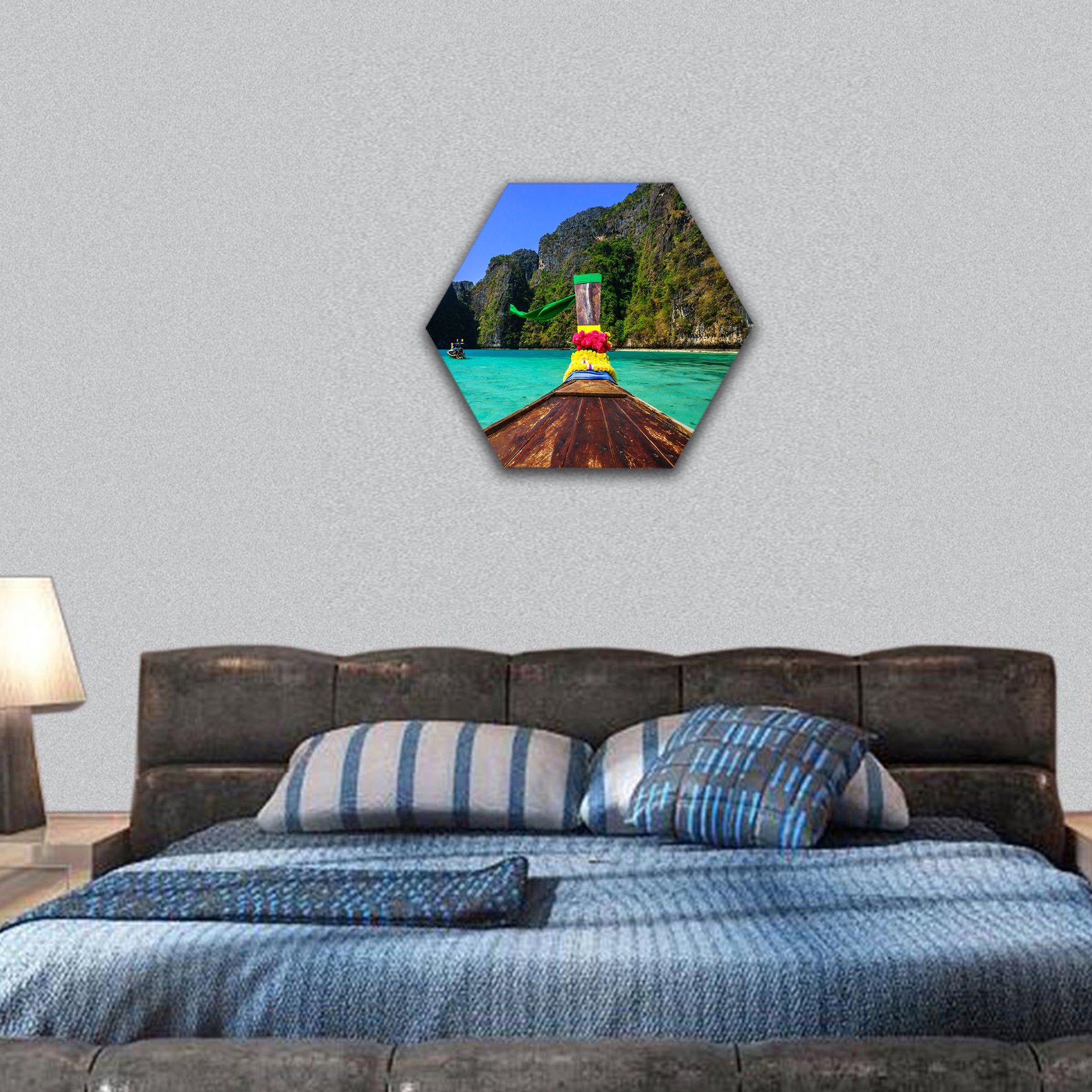 longtail boat in pile bay on Koh Phi Phi Leh Island Thailand hexagonal canvas wall art