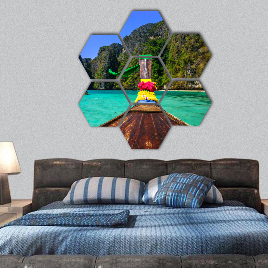 longtail boat in pile bay on Koh Phi Phi Leh Island Thailand hexagonal canvas wall art