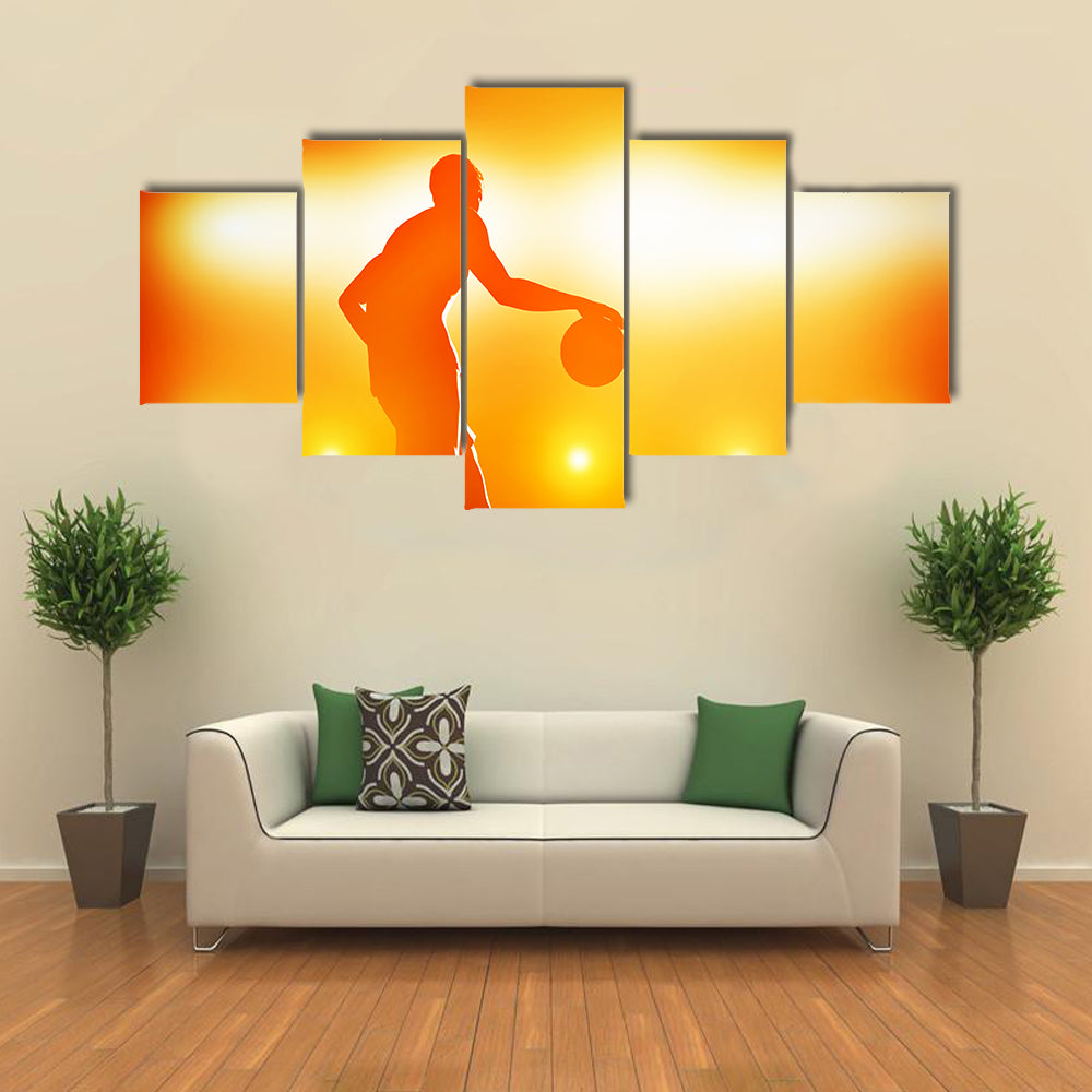 Basketball player silhouette dribbling with lights Multi panel canvas wall art