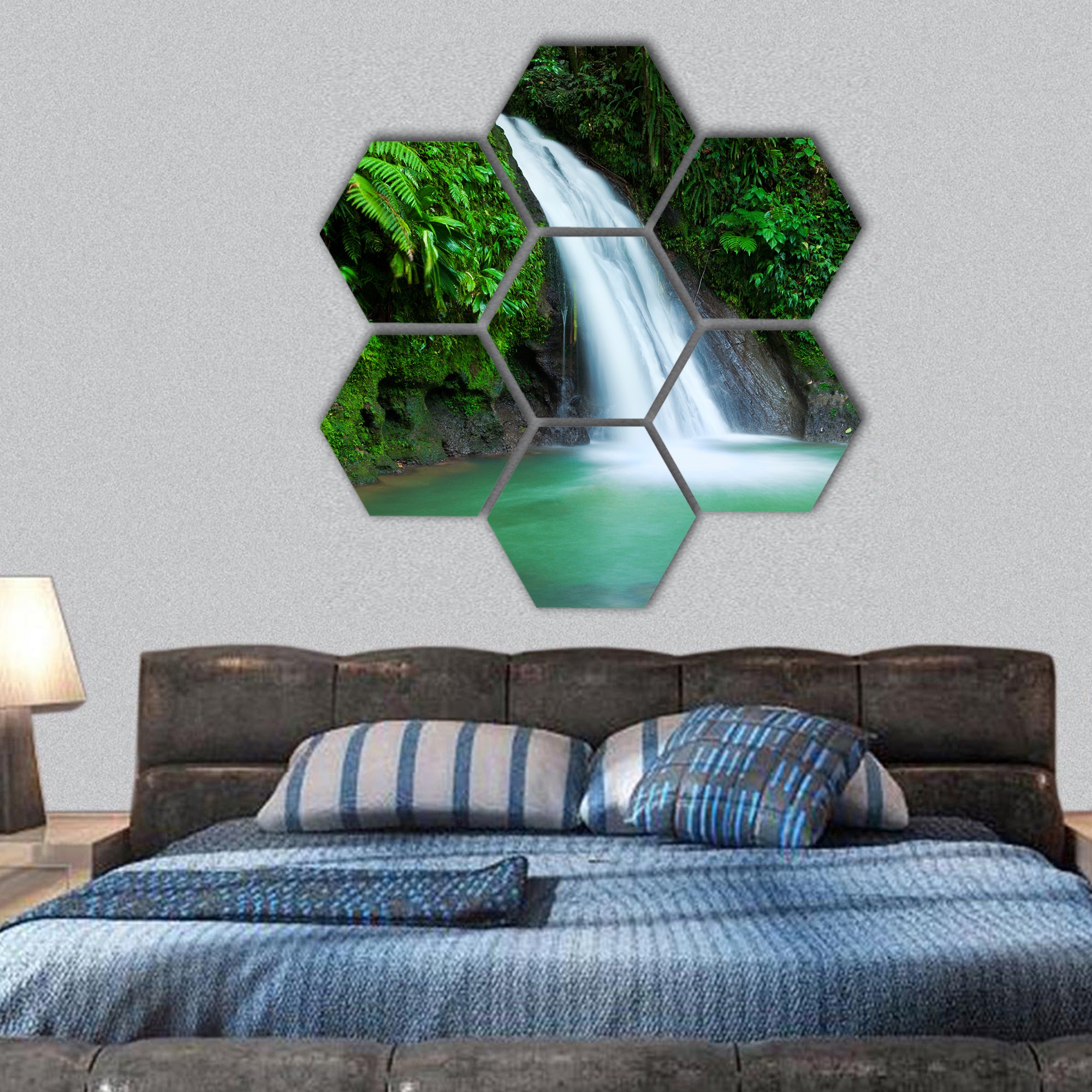 Waterfall in the National Park of Guadeloupe hexagonal canvas wall art