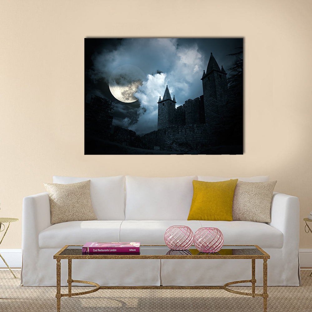 Mysterious medieval castle in a full moon night Multi Panel Canvas Wall Art