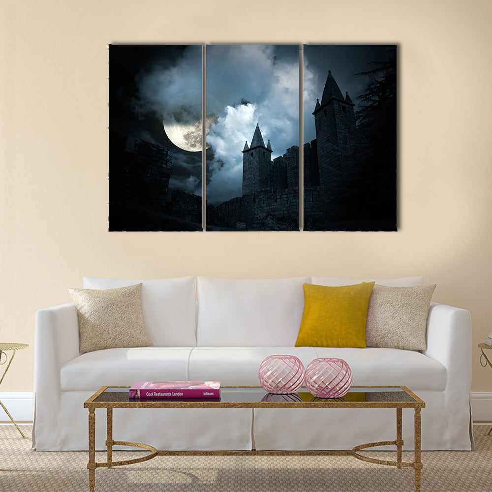 Mysterious medieval castle in a full moon night Multi Panel Canvas Wall Art