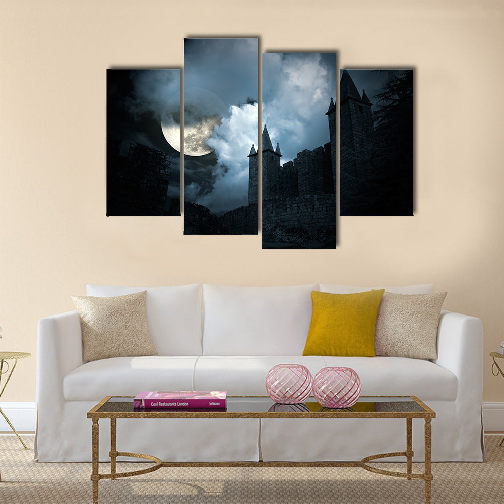 Mysterious medieval castle in a full moon night Multi Panel Canvas Wall Art