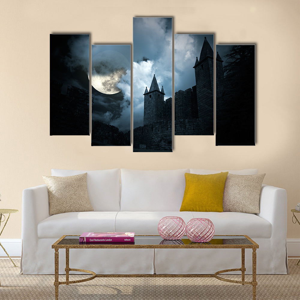 Mysterious medieval castle in a full moon night Multi Panel Canvas Wall Art
