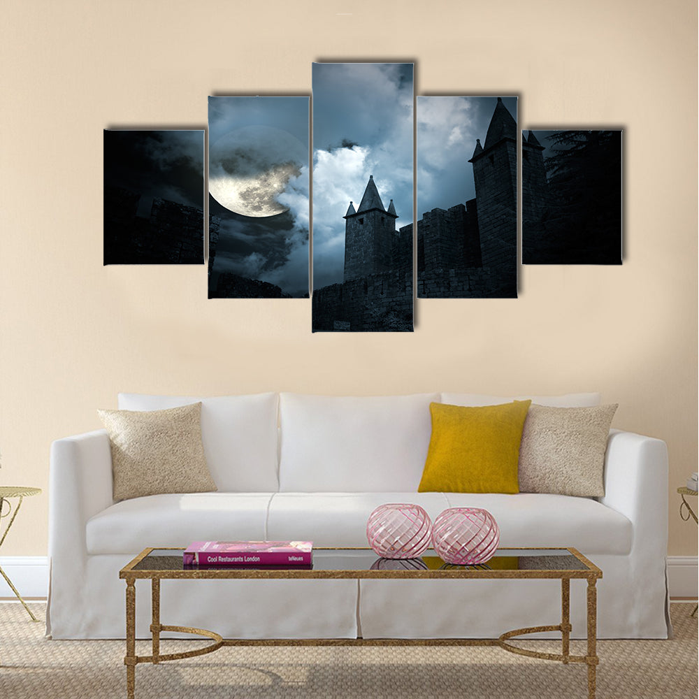 Mysterious medieval castle in a full moon night Multi Panel Canvas Wall Art