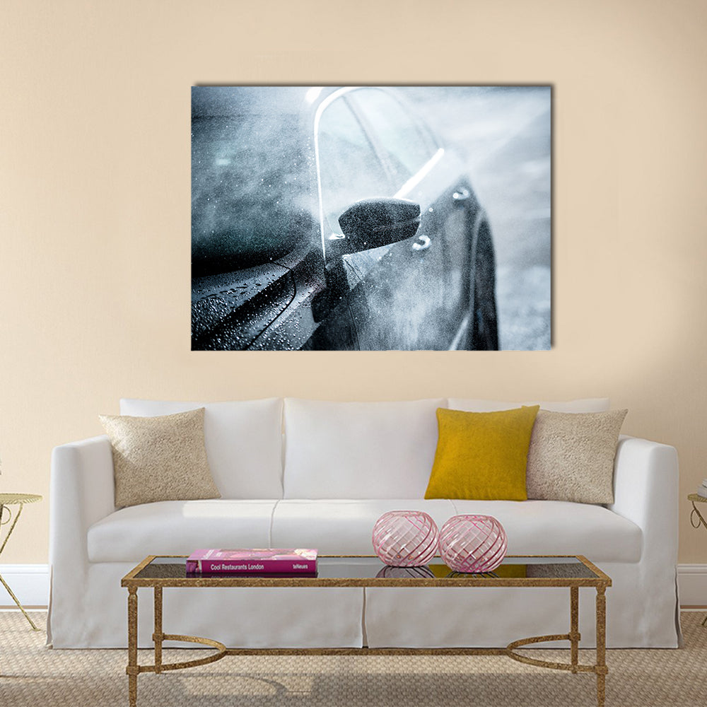 Gentle Car Washing. Modern Compact Car Covered by Water. Dark Blue Color Grading Multi panel canvas wall art
