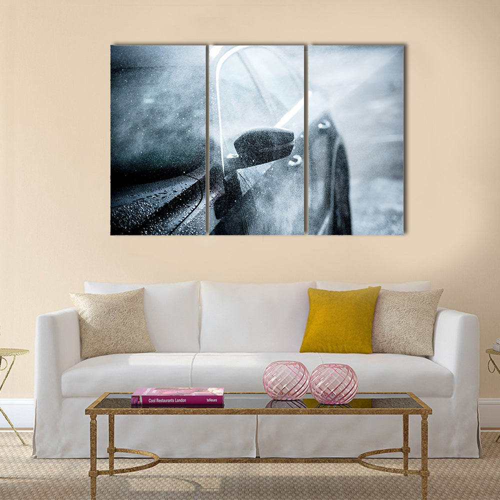 Gentle Car Washing. Modern Compact Car Covered by Water. Dark Blue Color Grading Multi panel canvas wall art