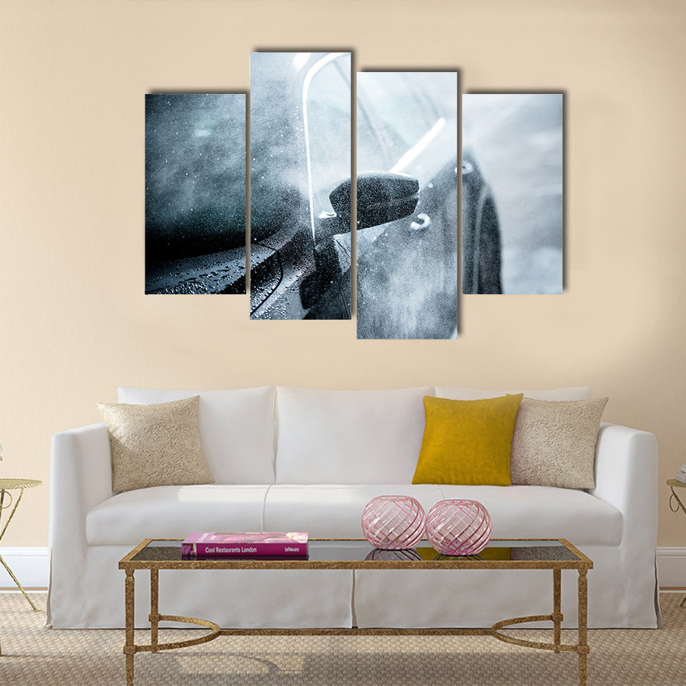 Gentle Car Washing. Modern Compact Car Covered by Water. Dark Blue Color Grading Multi panel canvas wall art