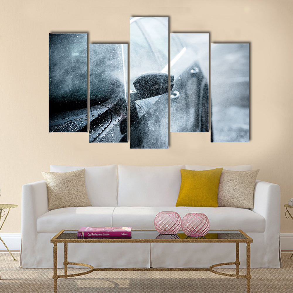 Gentle Car Washing. Modern Compact Car Covered by Water. Dark Blue Color Grading Multi panel canvas wall art