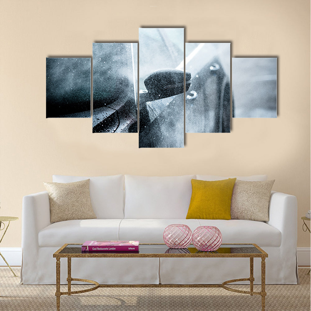 Gentle Car Washing. Modern Compact Car Covered by Water. Dark Blue Color Grading Multi panel canvas wall art