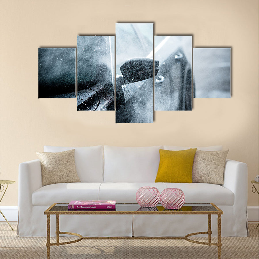 Gentle Car Washing. Modern Compact Car Covered by Water. Dark Blue Color Grading Multi panel canvas wall art