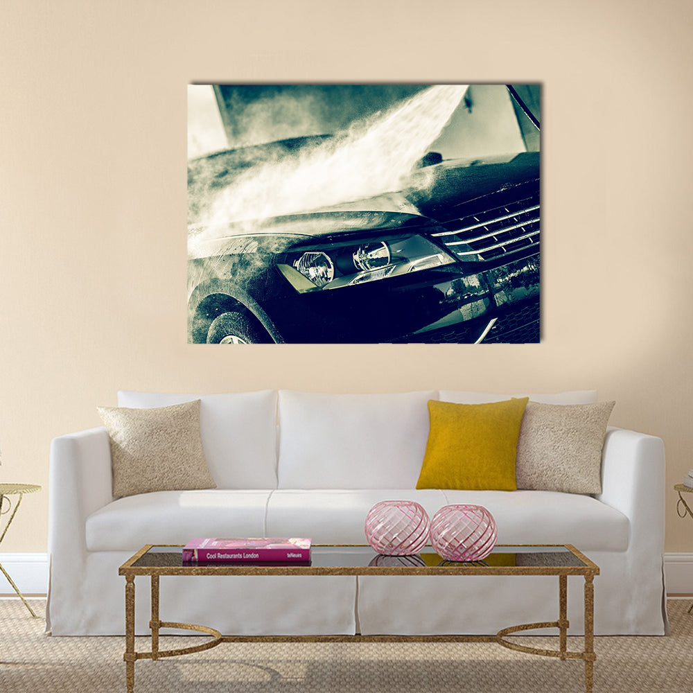 Car Wash Closeup, Washing Modern Car by High Pressure Water Multi panel canvas wall art