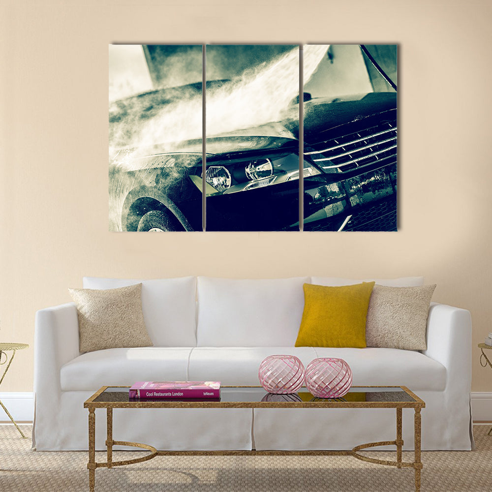 Car Wash Closeup, Washing Modern Car by High Pressure Water Multi panel canvas wall art