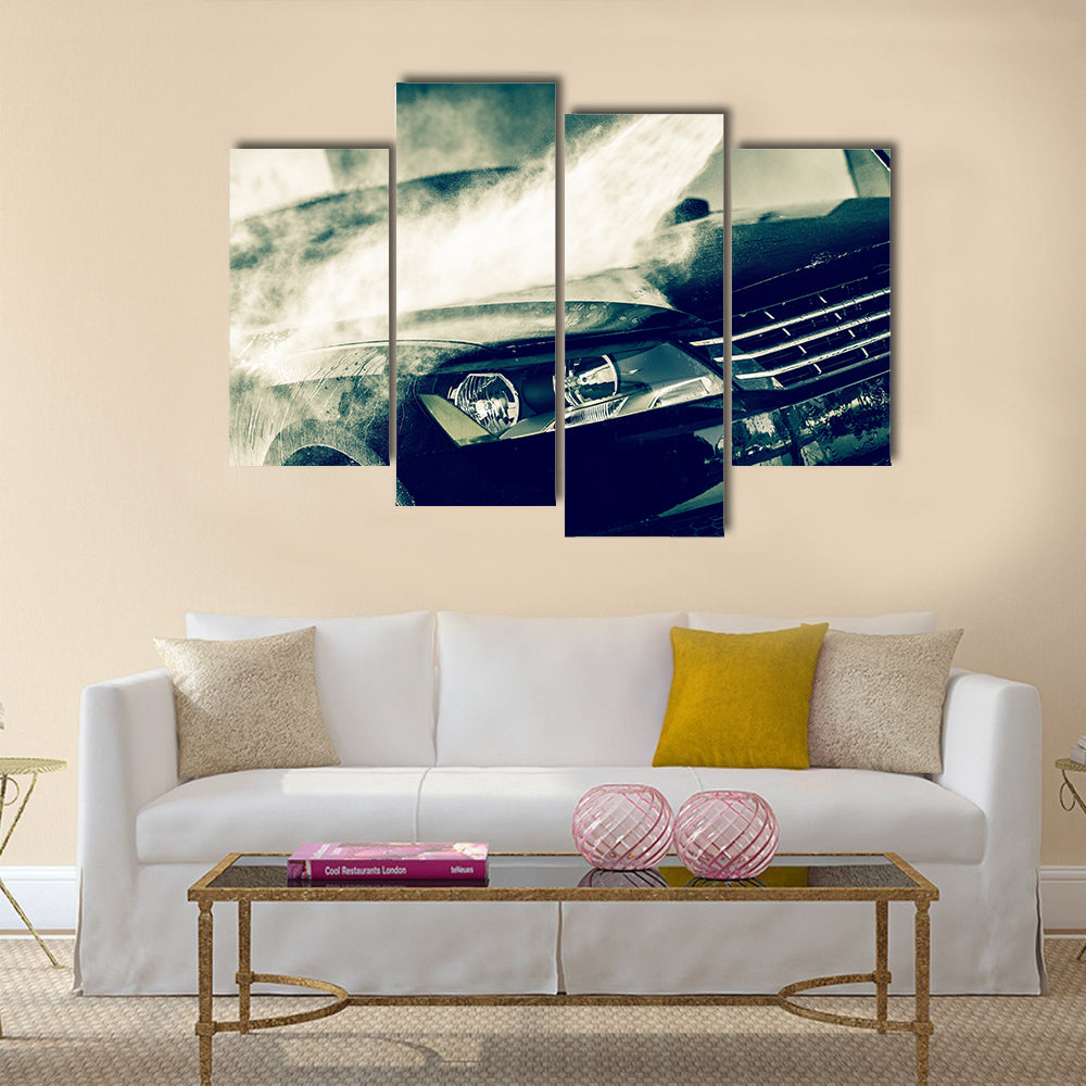 Car Wash Closeup, Washing Modern Car by High Pressure Water Multi panel canvas wall art