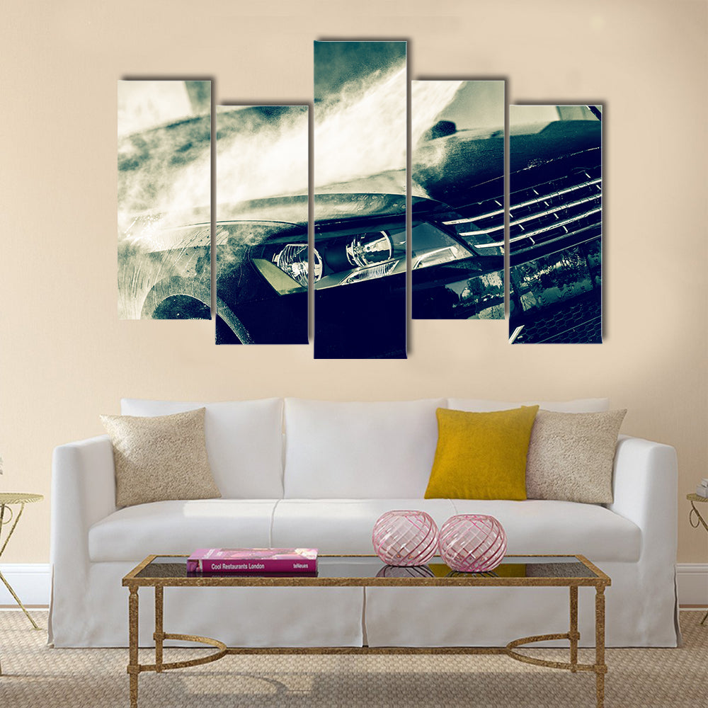 Car Wash Closeup, Washing Modern Car by High Pressure Water Multi panel canvas wall art