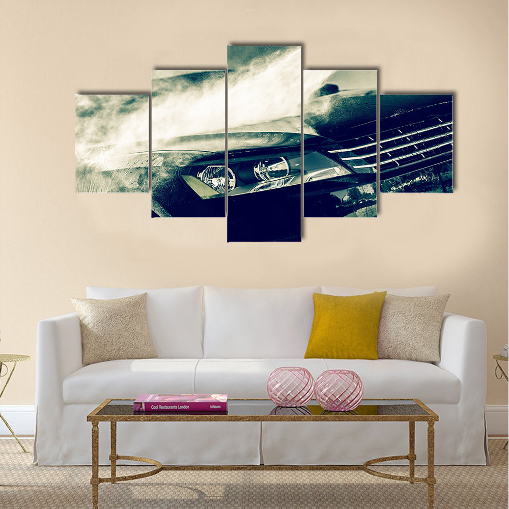 Car Wash Closeup, Washing Modern Car by High Pressure Water Multi panel canvas wall art