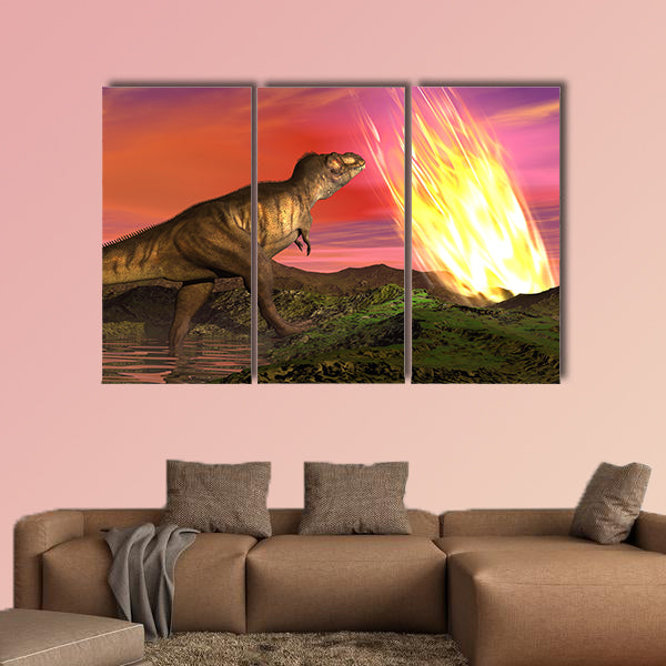 Meteorite falling on the earth at dinosaurs age killing them multi panel canvas wall art