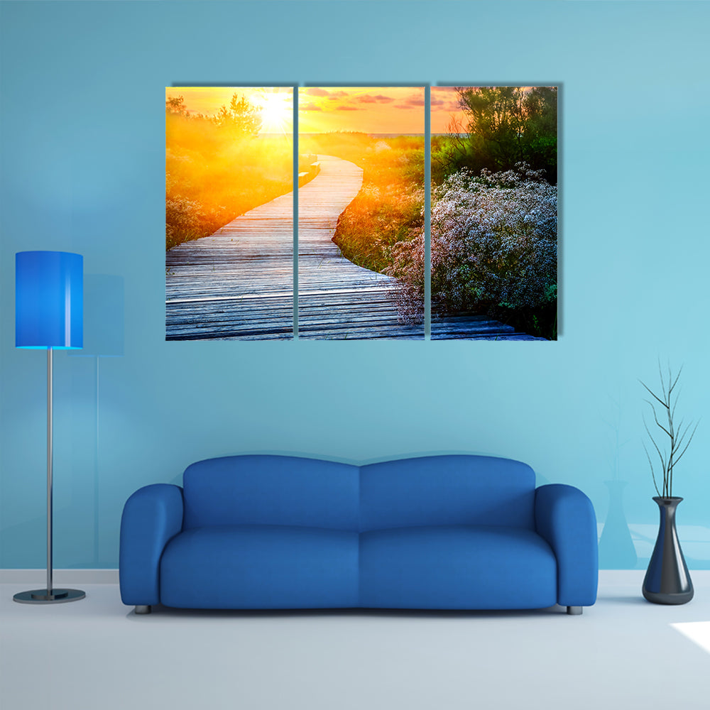 A Wooden Path Over Dunes At A Beach Multi Panel Canvas Wall Art