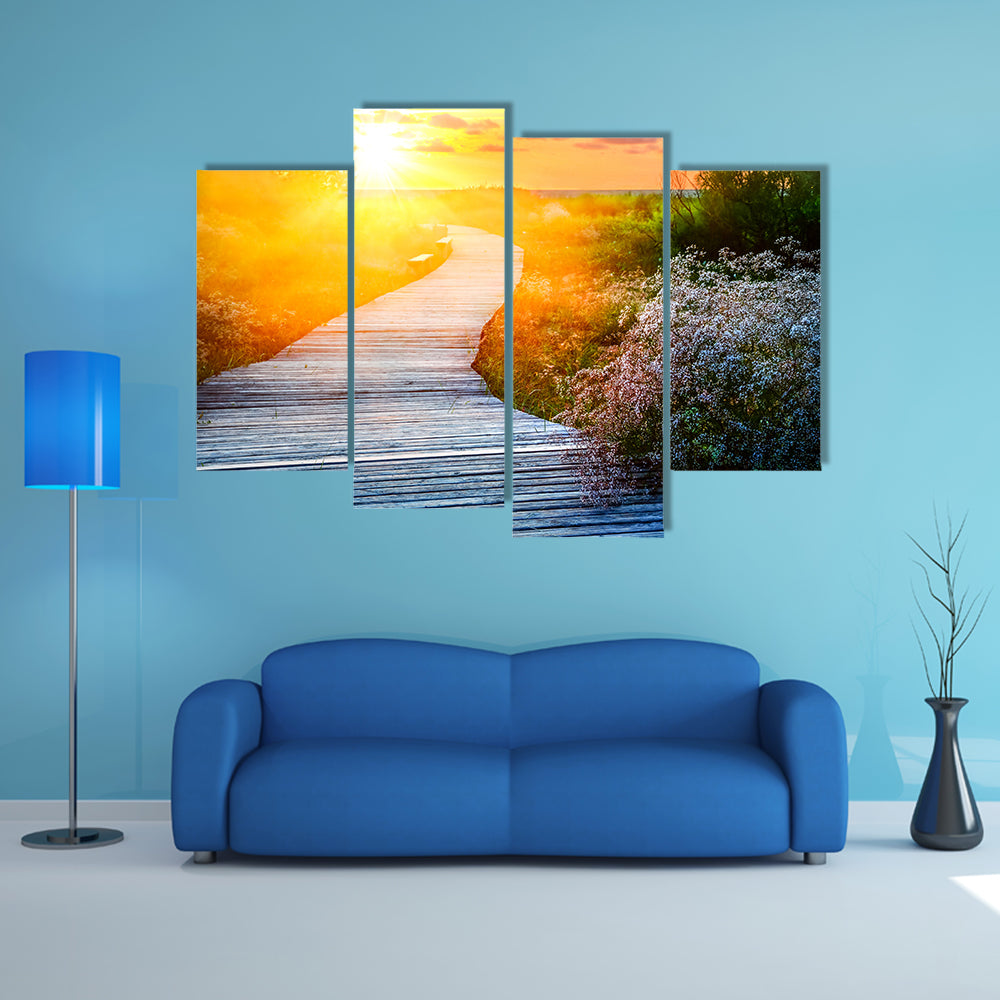 A Wooden Path Over Dunes At A Beach Multi Panel Canvas Wall Art