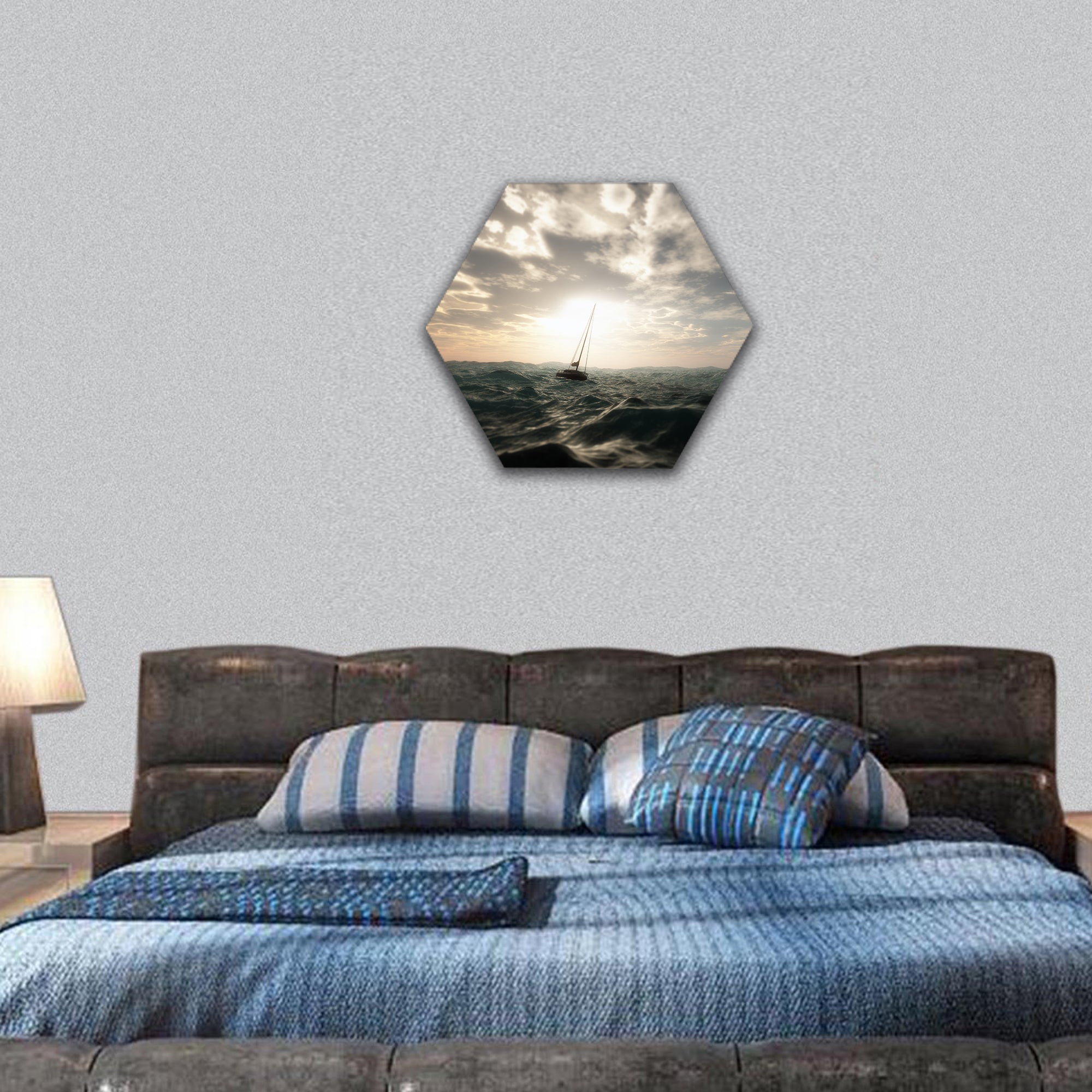 Sailing boat in wild stormy ocean hexagonal canvas wall art