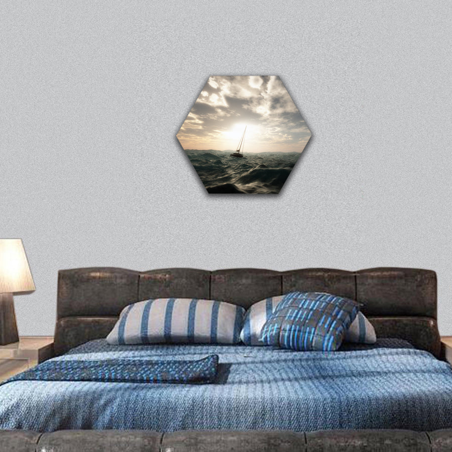 Sailing boat in wild stormy ocean hexagonal canvas wall art