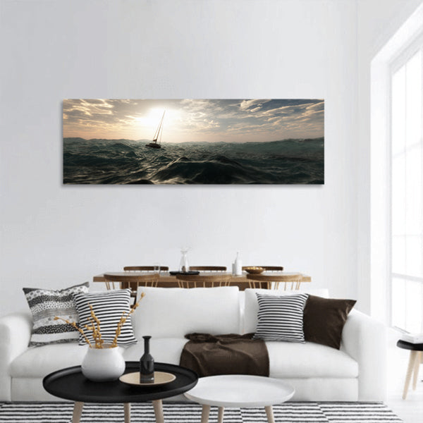 Lost sailing boat in wild stormy ocean Cloudy sky panoramic canvas wall art