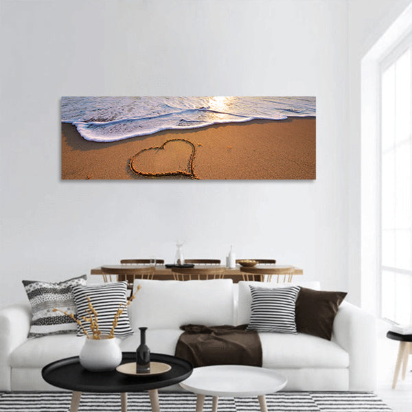 Heart on beach panoramic canvas wall art