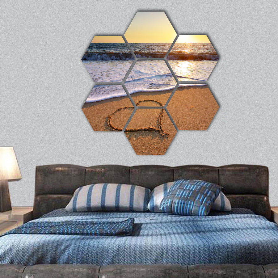 Heart on beach , Romantic composition hexagonal canvas wall art