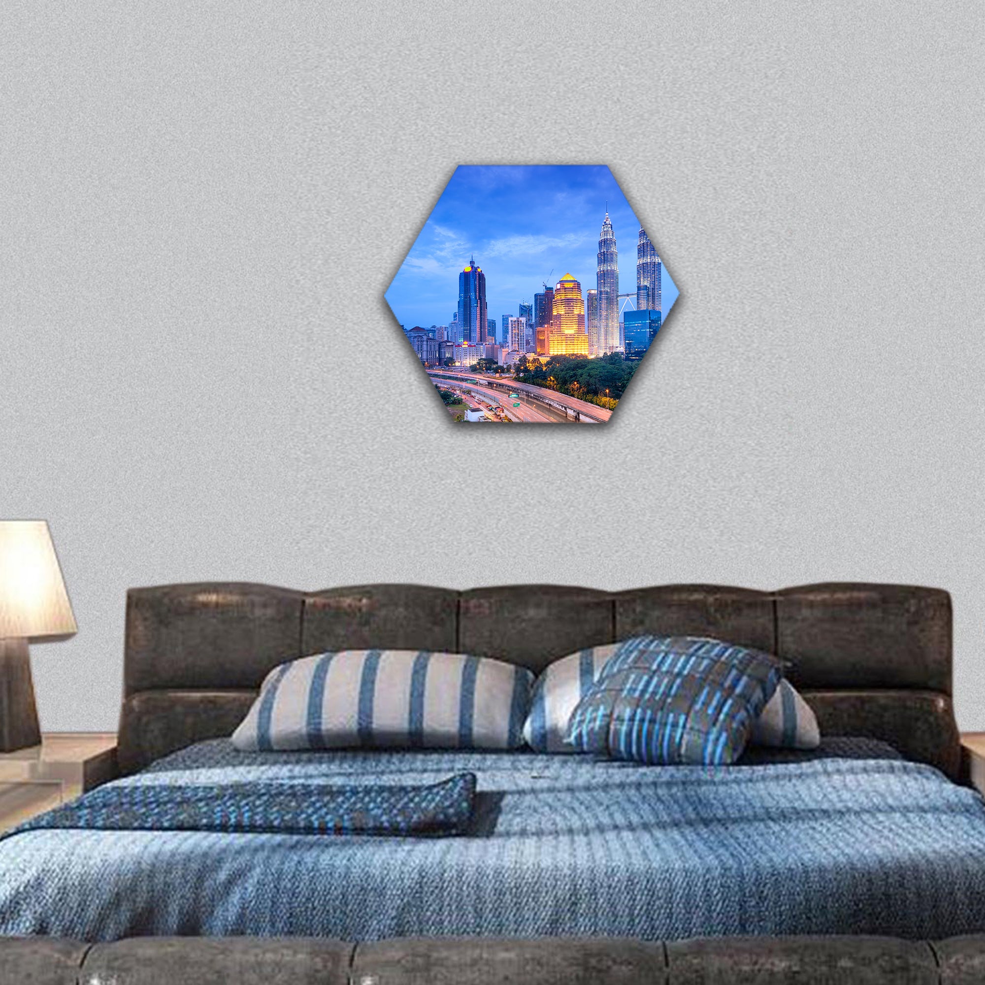 Night view of Kuala Lumpur skyline hexagonal canvas wall art