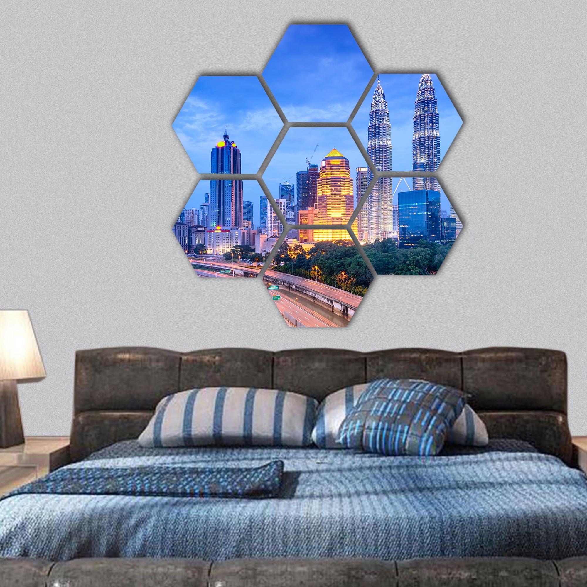 Night view of Kuala Lumpur skyline hexagonal canvas wall art