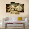 Old tennis ball and racket with sneakers on a wooden floor Multi panel canvas wall art