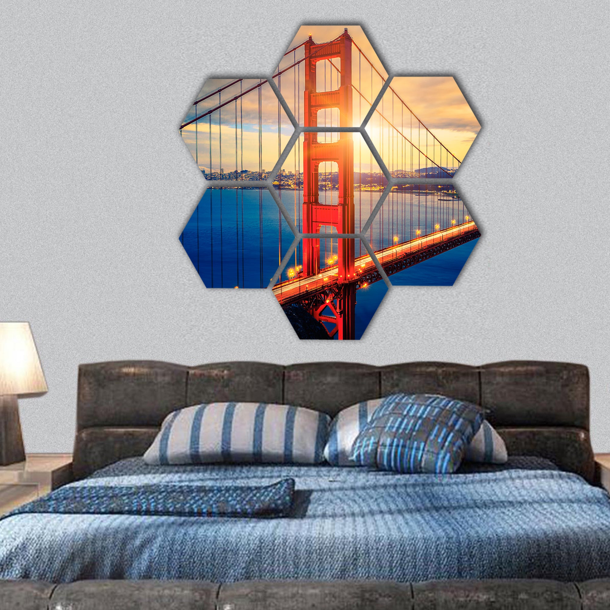 Golden Gate Bridge at sunrise, San Francisco, USA hexagonal canvas wall art