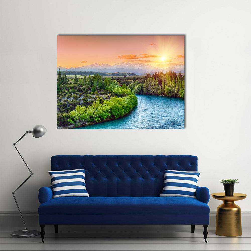 River Clutha With Southern Alps Peak With Sunset, New Zealand, Multi Panel Canvas Wall Art