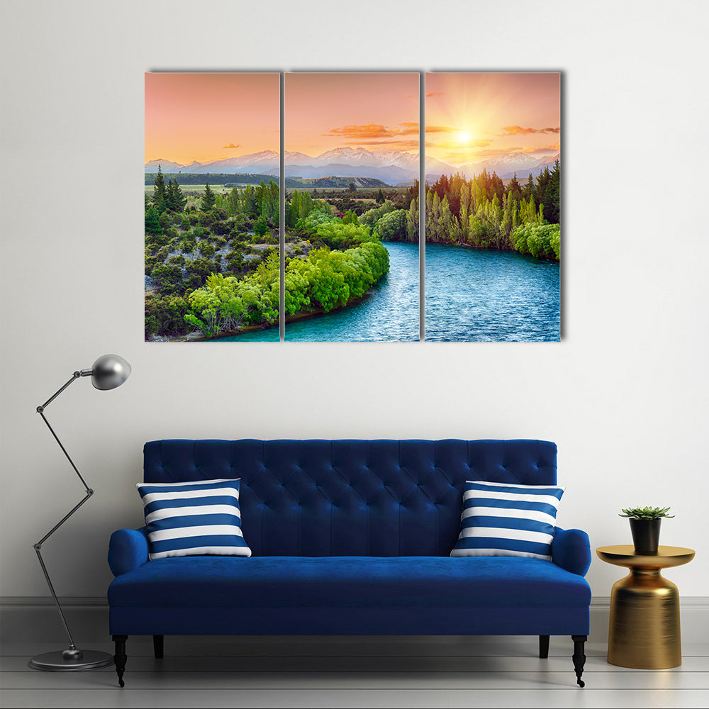 River Clutha With Southern Alps Peak With Sunset, New Zealand, Multi Panel Canvas Wall Art
