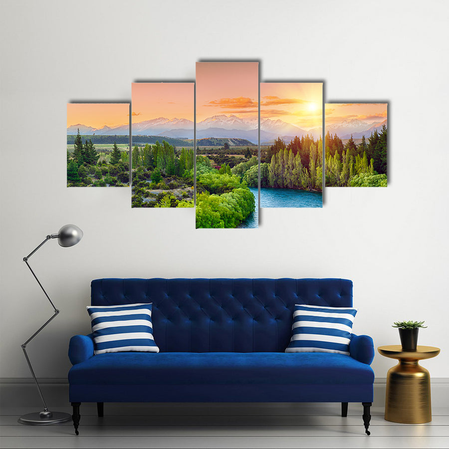 River Clutha With Southern Alps Peak With Sunset, New Zealand, Multi Panel Canvas Wall Art
