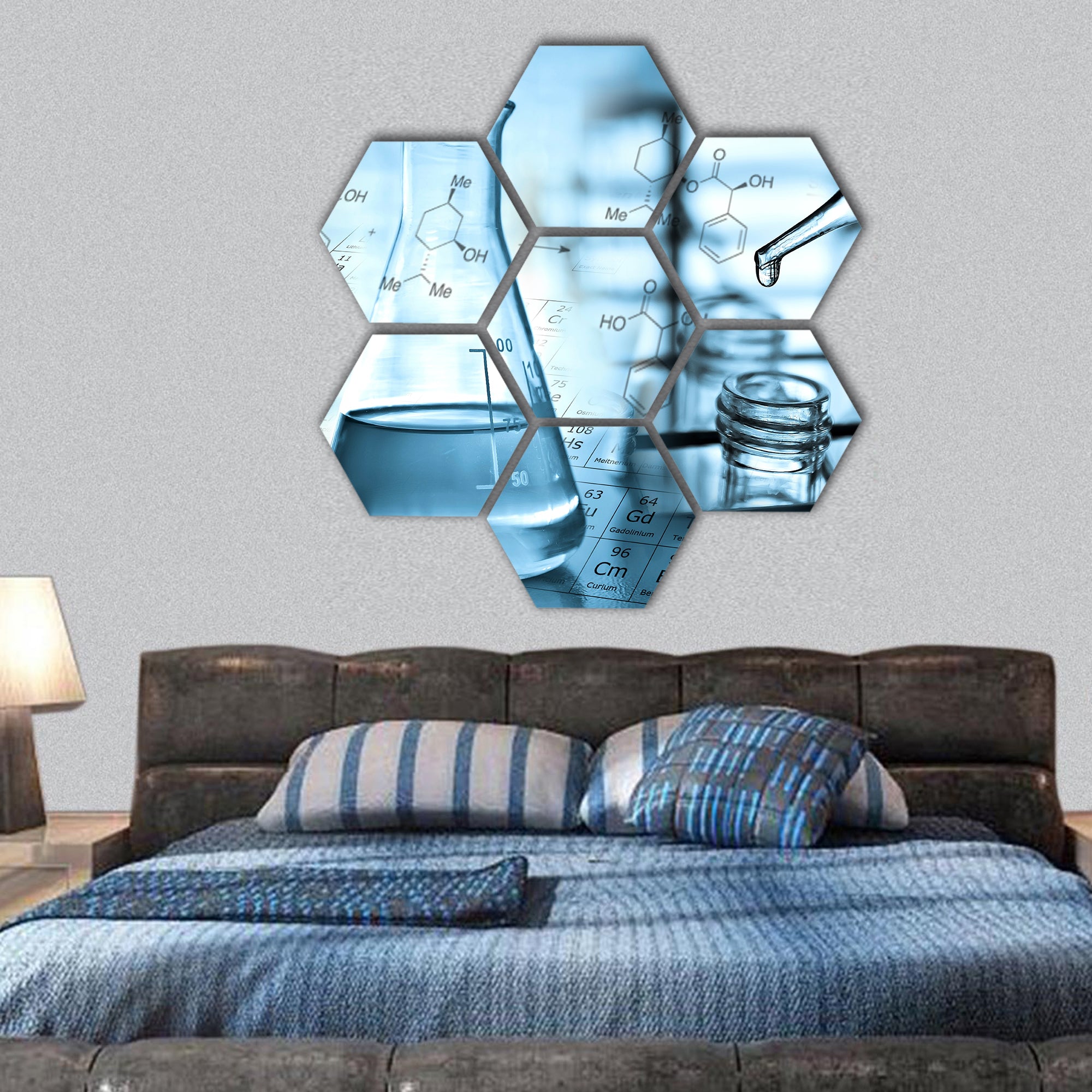 Laboratory research, dropping liquid to test tube hexagonal canvas wall art