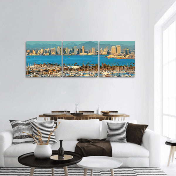 San Diego downtown skyline and boat in harbor Panoramic Canvas Wall Art