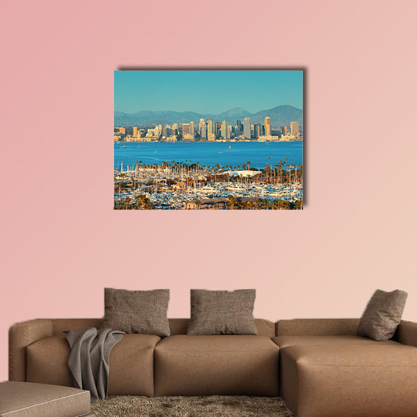 San Diego downtown skyline and boat in harbor Multi panel canvas wall art