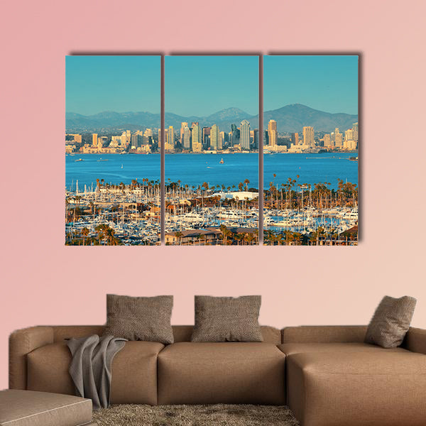 San Diego downtown skyline and boat in harbor Multi panel canvas wall art