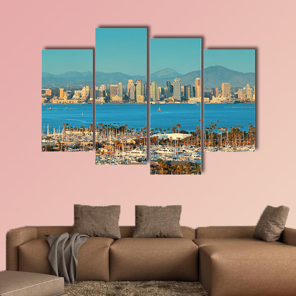 San Diego downtown skyline and boat in harbor Multi panel canvas wall art