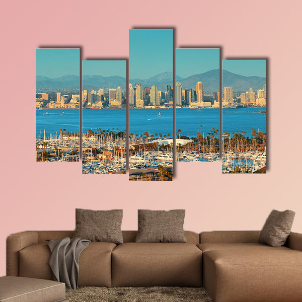 San Diego downtown skyline and boat in harbor Multi panel canvas wall art