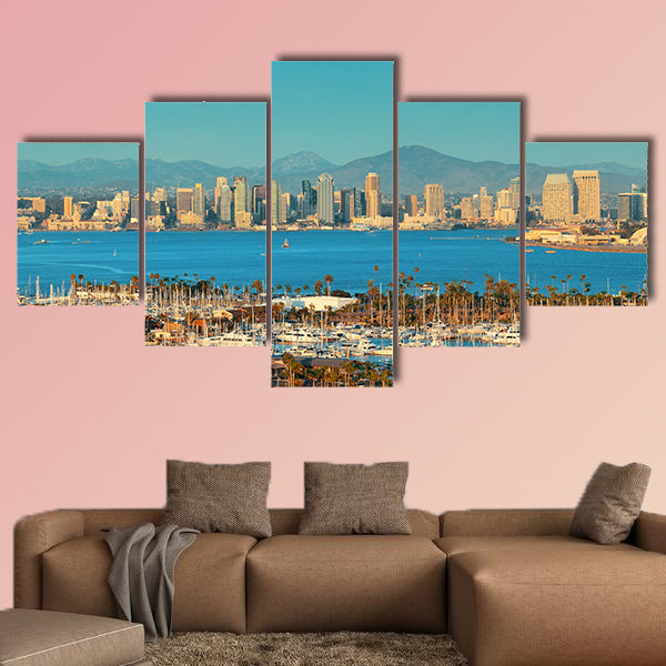 San Diego downtown skyline and boat in harbor Multi panel canvas wall art