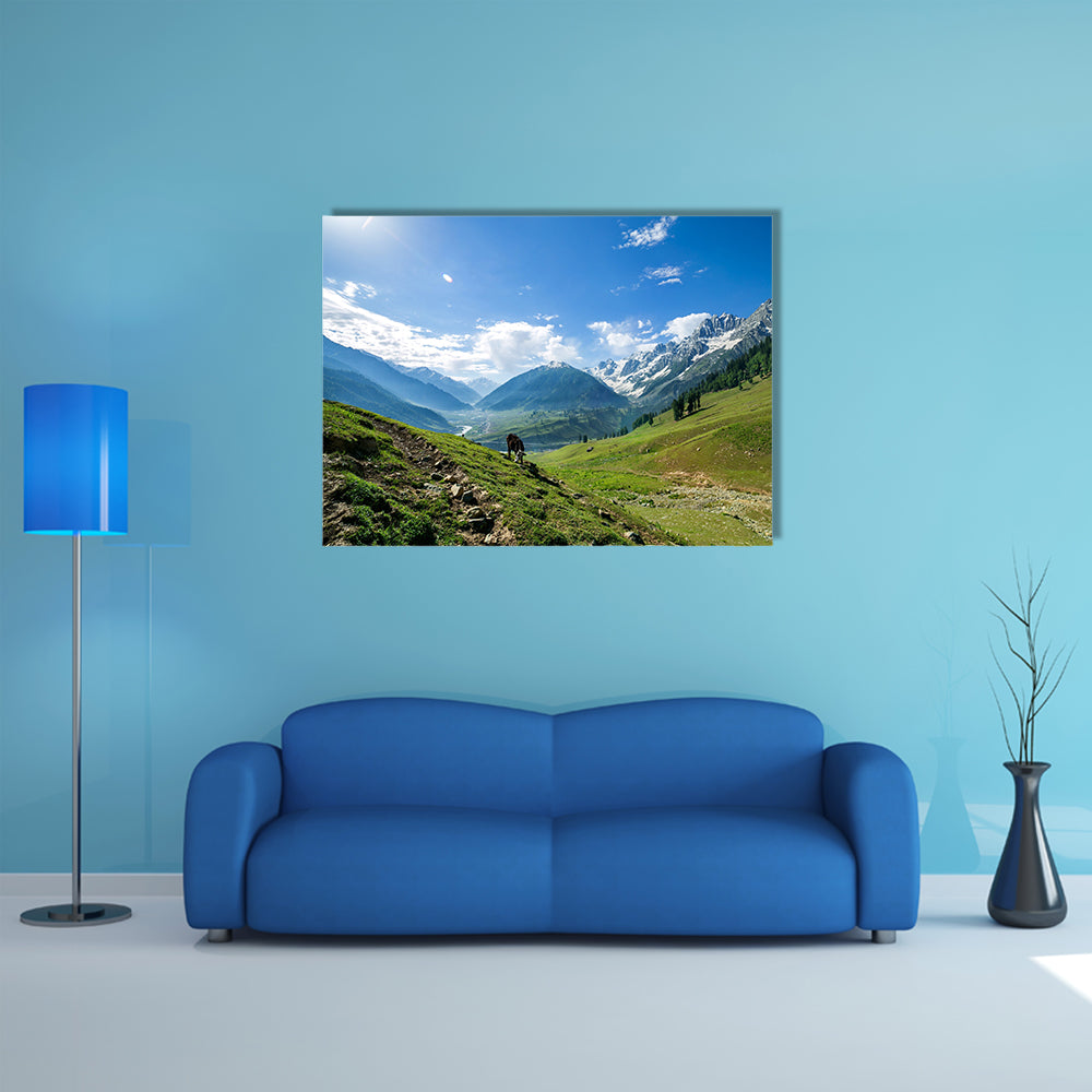 Rocky Mountains and green Field in Jammu and Kashmir Multi Panel Canvas Wall Art