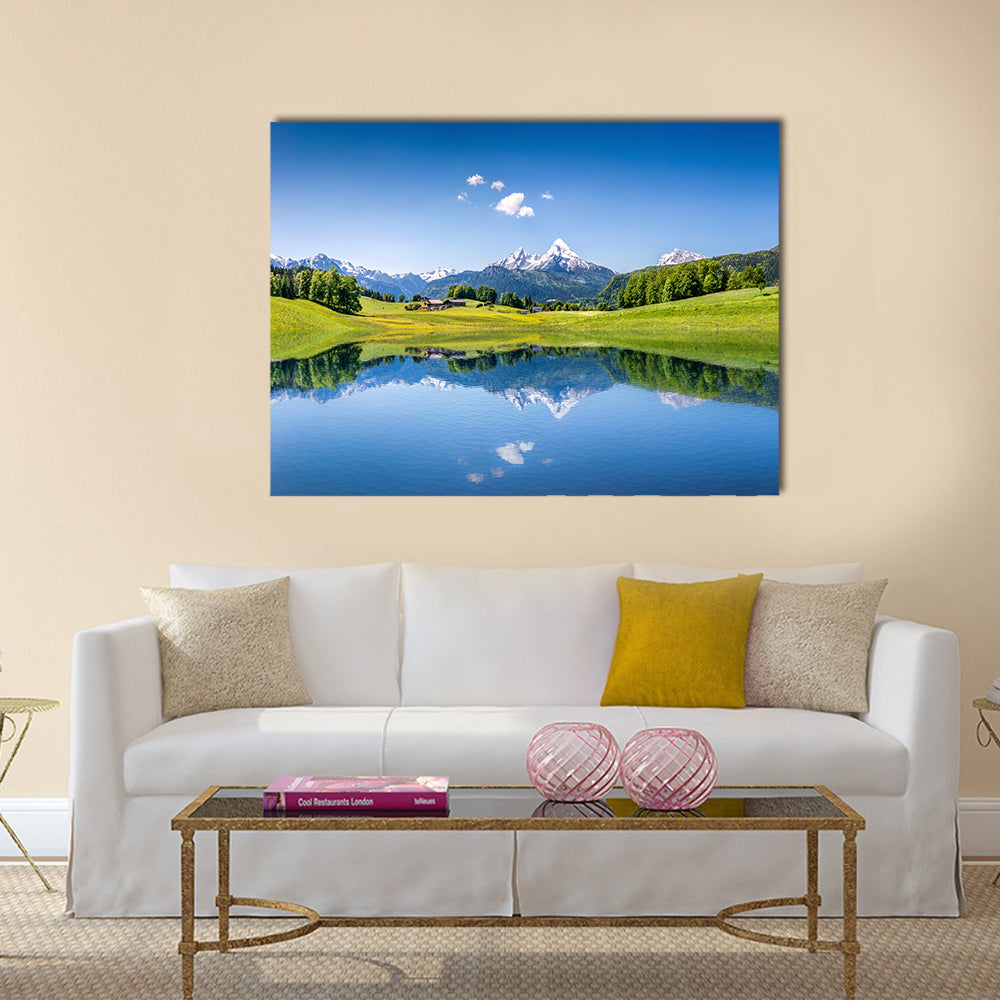 Idyllic summer landscape with clear mountain lake multi panel canvas wall art