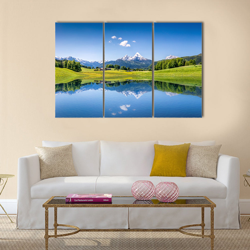 Idyllic summer landscape with clear mountain lake multi panel canvas wall art