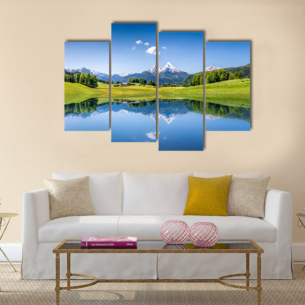 Idyllic summer landscape with clear mountain lake multi panel canvas wall art